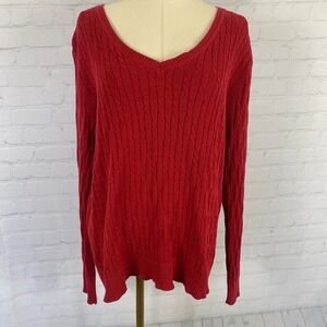 Laura Scott Red V Neck Cable Knit Sweater Top Large Cotton Blend Classic Preppy